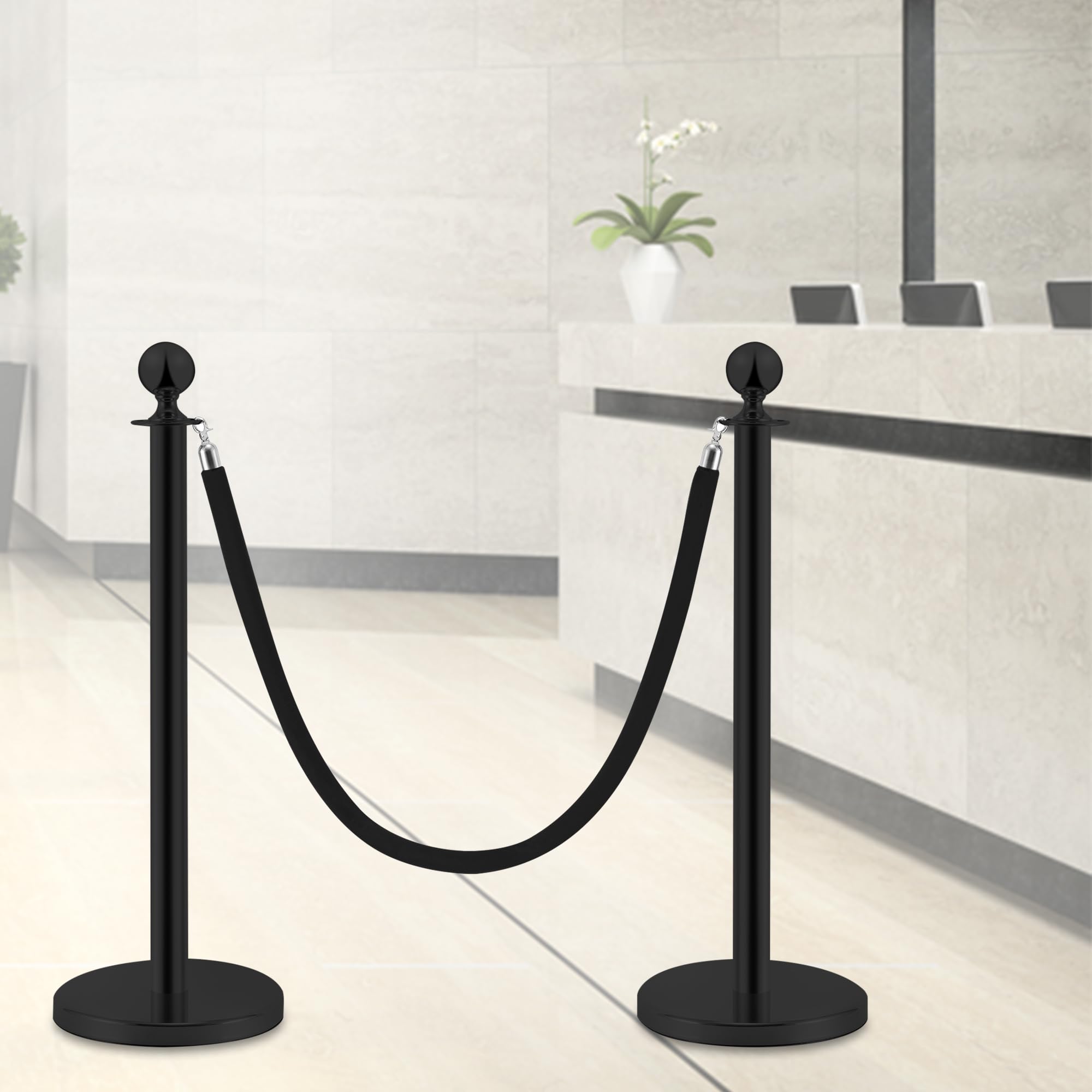 Postes Separadores de Acero Inoxidable Negro 90 cm 2 Piezas con Cuerda de Terciopelo 1,5 m Control de Multitudes