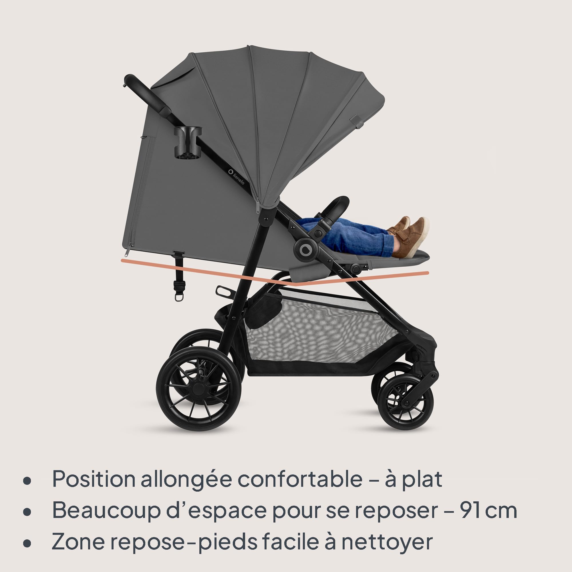 LIONELO Poussette Emerald jusqu'à 22 kg de 6 m à 4 ans Roues Pivotantes EVA 360° Pliable Avec Une Main, Dossier Réglable, Canopy Imperméable UPF50+, Grand Panier (Grey)