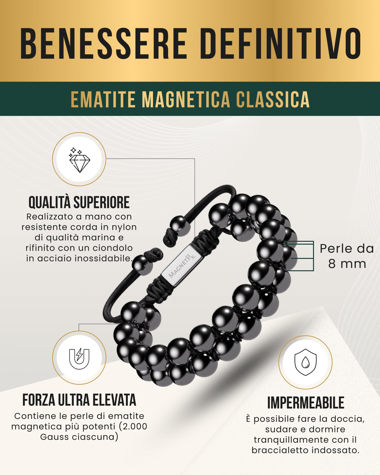MagnetRX® Bracciale Magneticoin Ematite – Elegante Braccialetto Magnetico Regolabile – Realizzato a Mano (Double Strength 8mm)