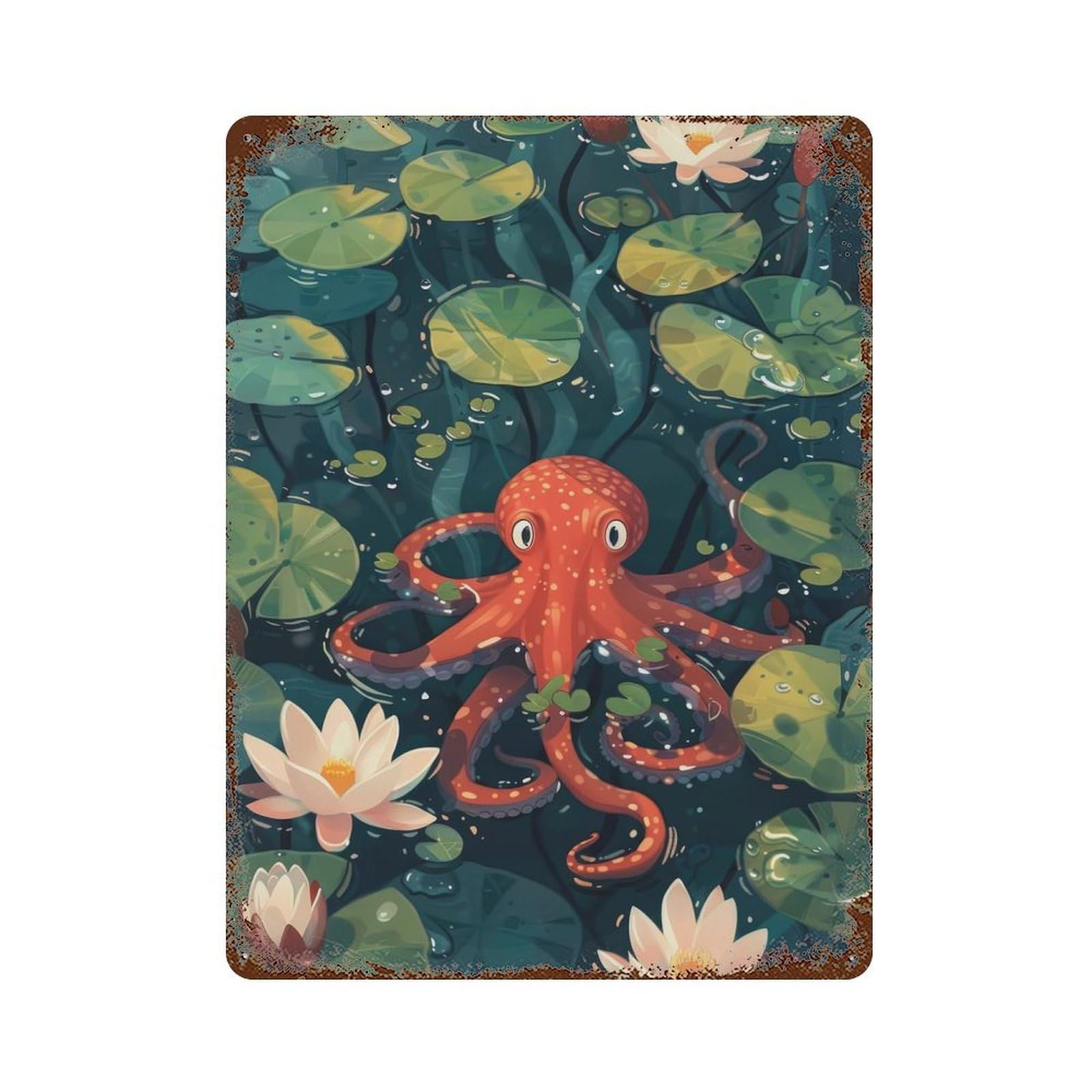 Cute Octopus in Lily Pond Retro Metal Sign 15.7"x11.8", for Pub, Kitchen And Man Cave Decor, Retro Wall Decor