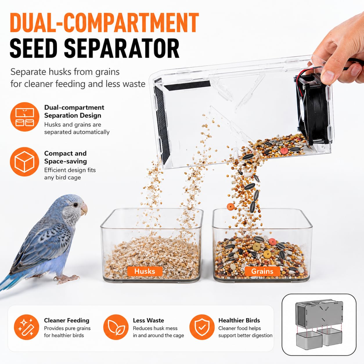 Limpiador de semillas de pájaros para loros y pájaros pequeños, separador de semillas de flujo de aire ajustable con contenedores duales, limpiador acrílico transparente para eliminar cáscaras y