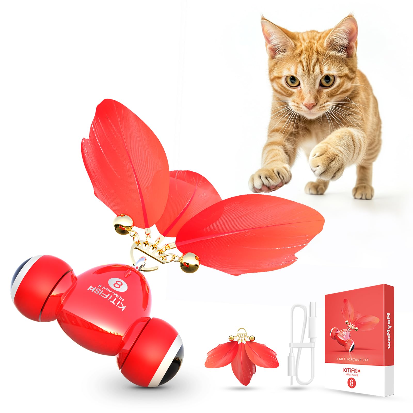 Kitifish Jouets automatiques pour chats d'intérieur, jouets interactifs en plumes avec plumes et clochette, jouet électrique intelligent pour chaton, jouets kitifish, instinct de chasse pour