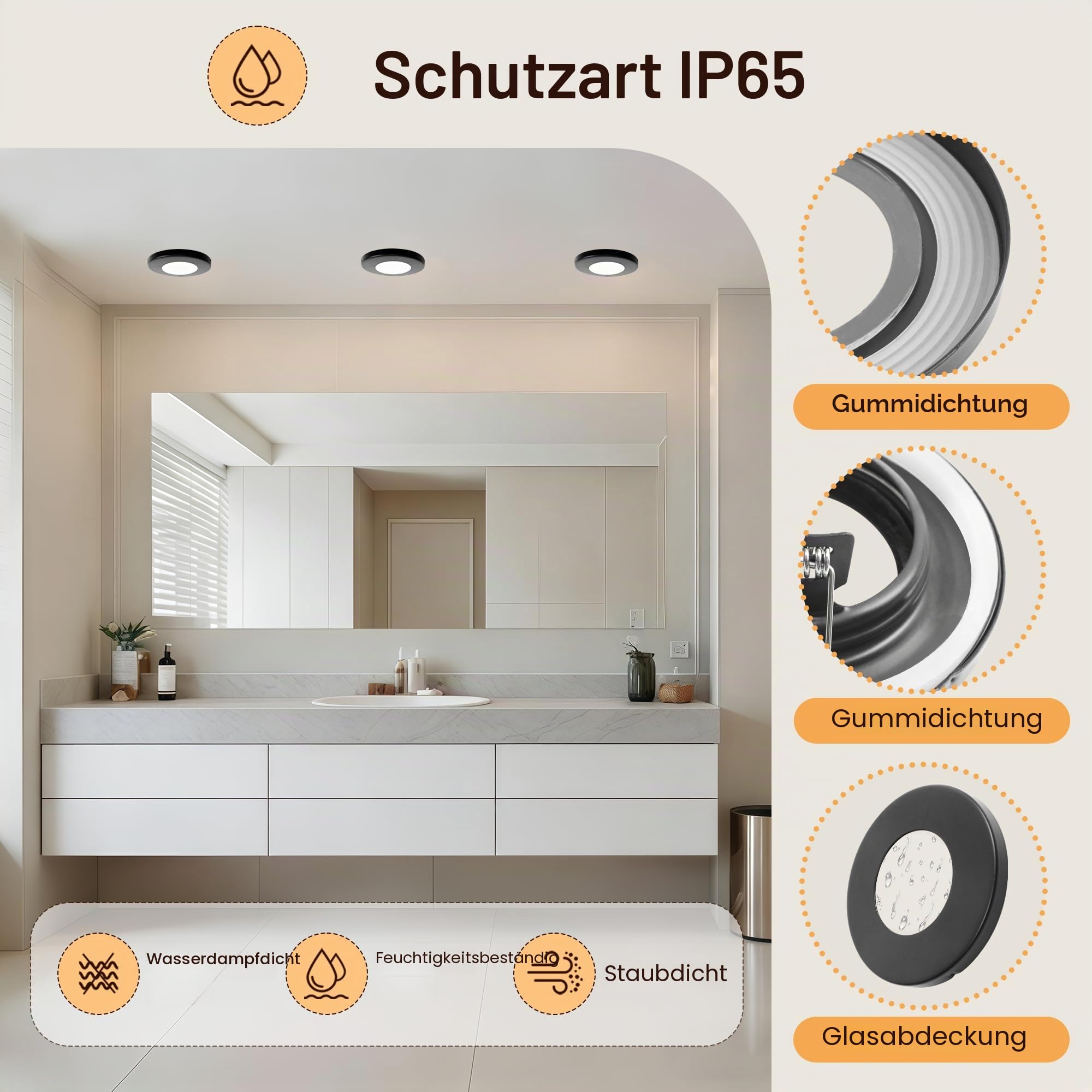10er Set GU10 Einbaurahmen IP65 Wasserdicht, Einbaustrahler Metallgehäuse Rund Schwarz, Feuchtraum Einbauleuchten 55–70mm Lochmass, Bad Küche Deckenspot inkl. GU10 Fassung, Ohne Leuchtmittel