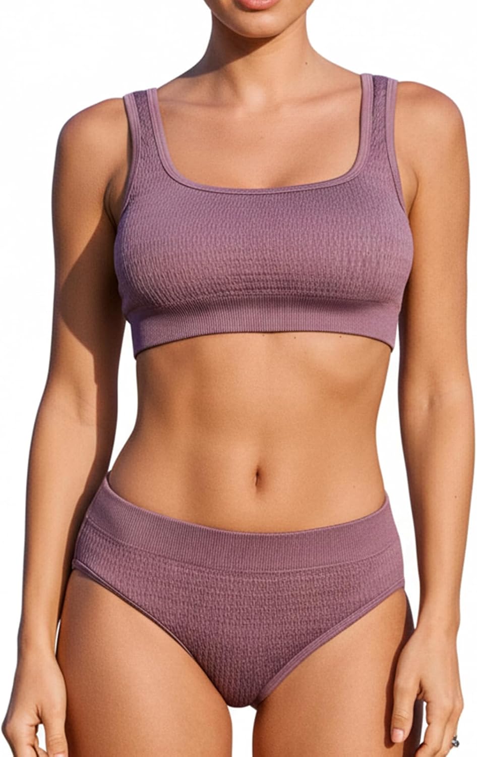 CUPSHE Women's Bikini Sets Square Neck Two Piece Sporty Bathing Suits Textured Crisscross Mid Rise