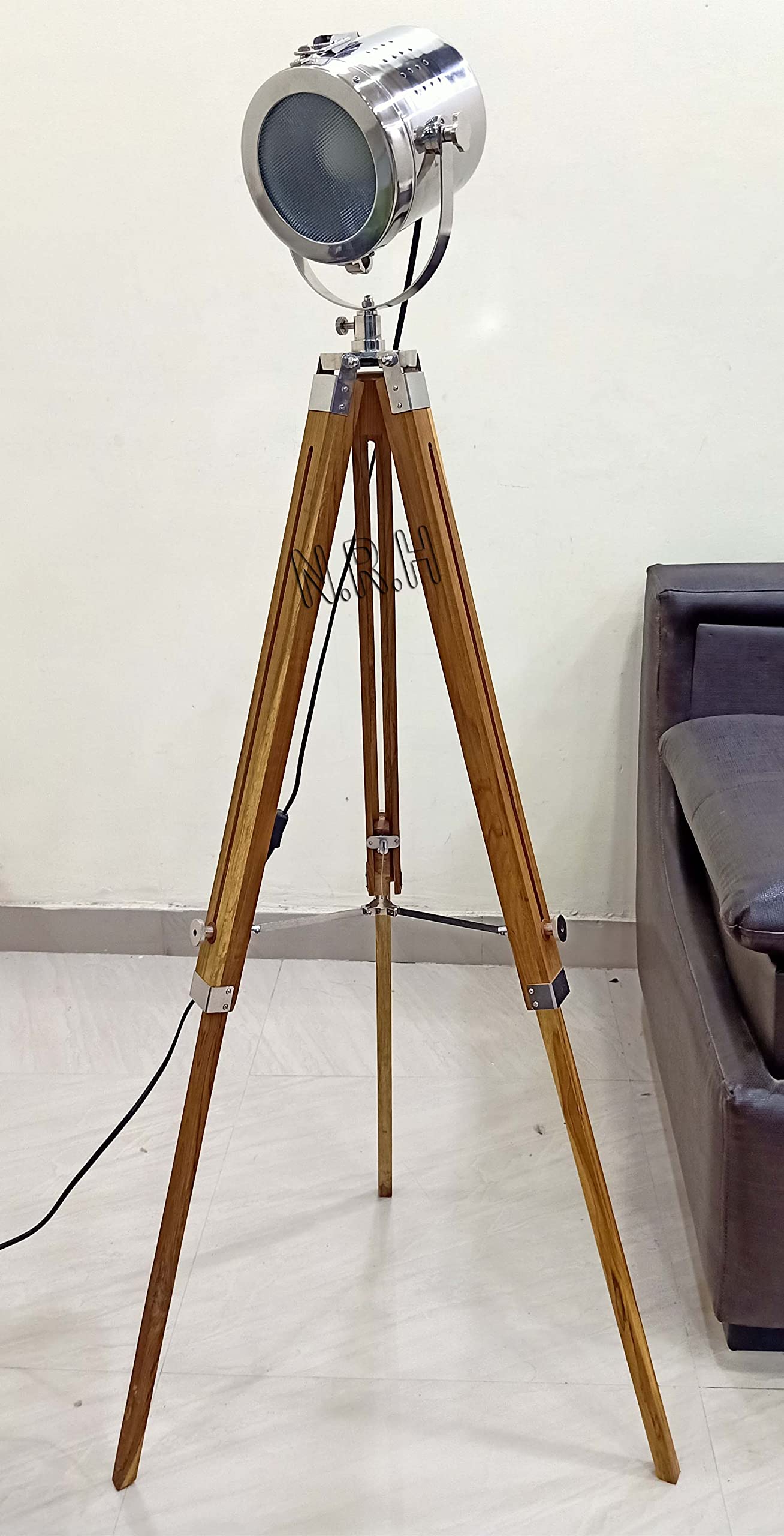 Handmade Nautical Spotlight Floor Lamp: Chrome & Wood Tripod, Adjustable Height