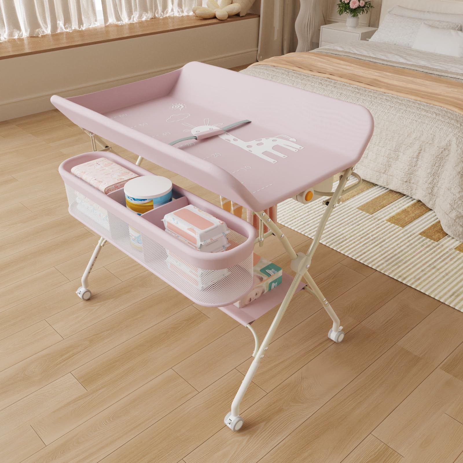 Wickeltisch Mobile – Wickelunterlage für Babys – zusammenklappbar – höhenverstellbar – Aufbewahrungskorb – Regal – Rad abschließbar – 75 x 68 x 83 – 91 cm, Rosa