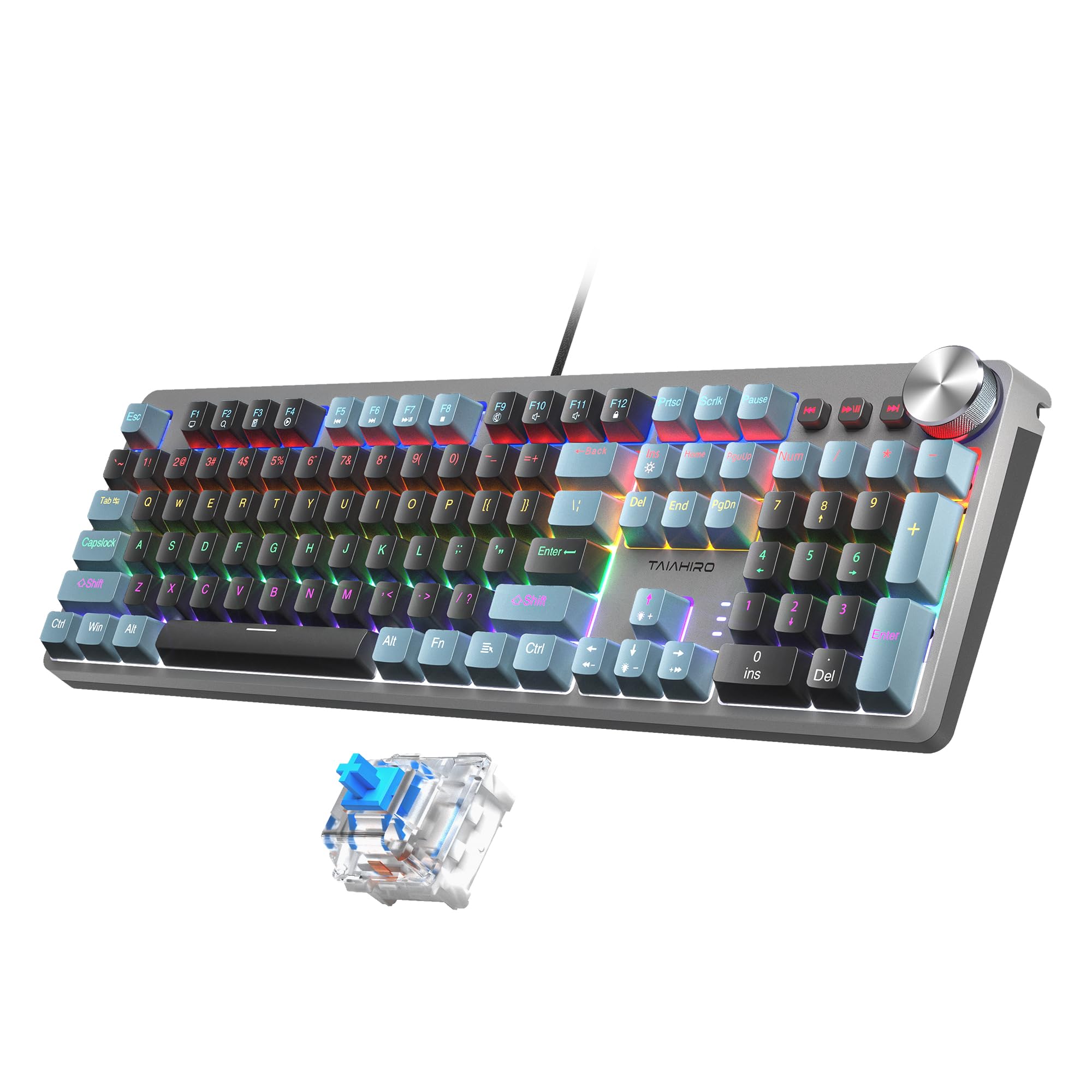 Mechanical Gaming Keyboard, RGB Backlit 104 Keys Full Size Keyboard with Multimedia Knob, Double Shot Keycaps, Full Anti-Ghosting, Blue Switch Wired Computer Keyboard for Windows PC Mac Xbox Gamer