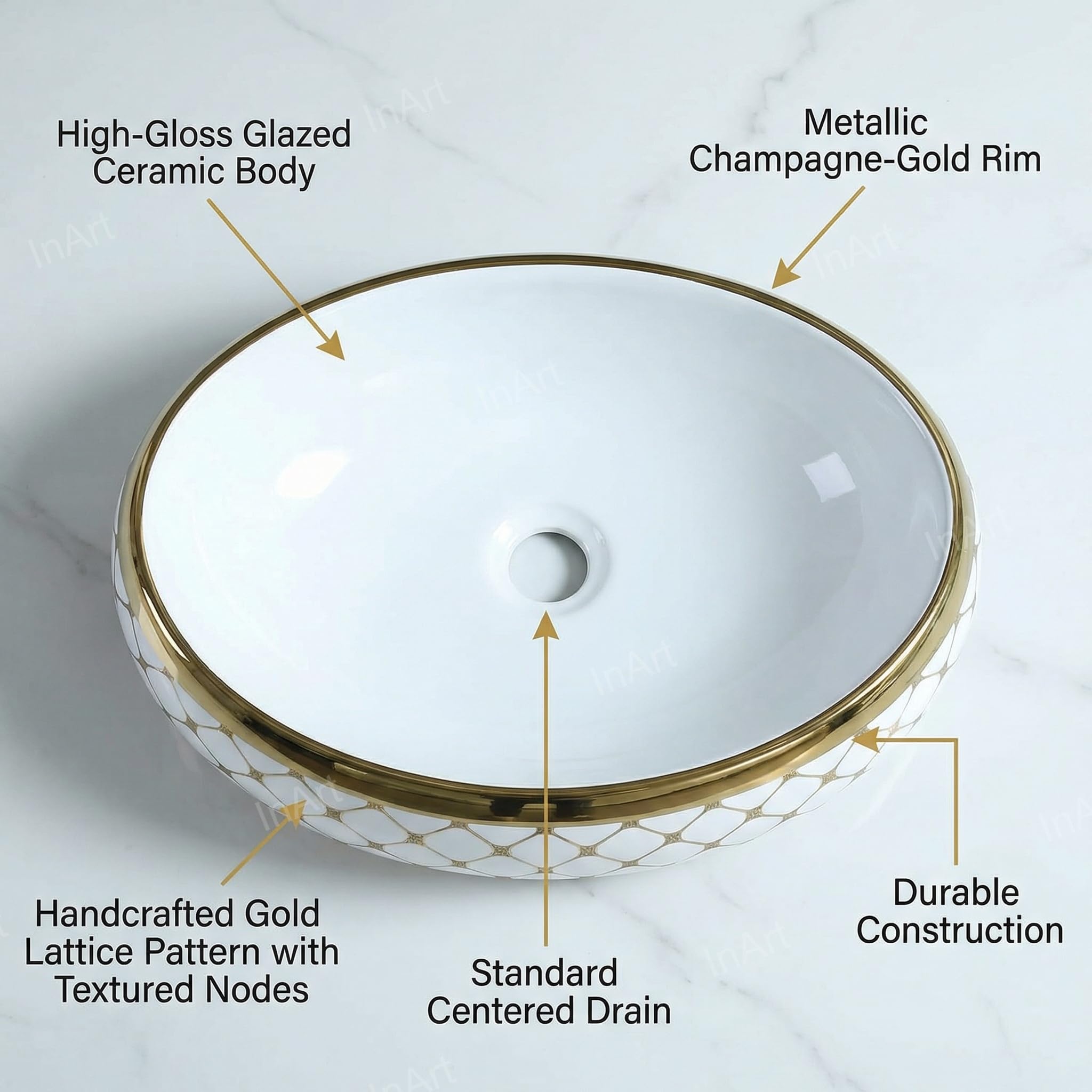 InArt Designer Ceramic Wash Basin/Vessel Sink/Over Above Counter Top Wash Basin for Bathroom Oval Shape, Golden (White, 24 x 16 x 6 Inch)
