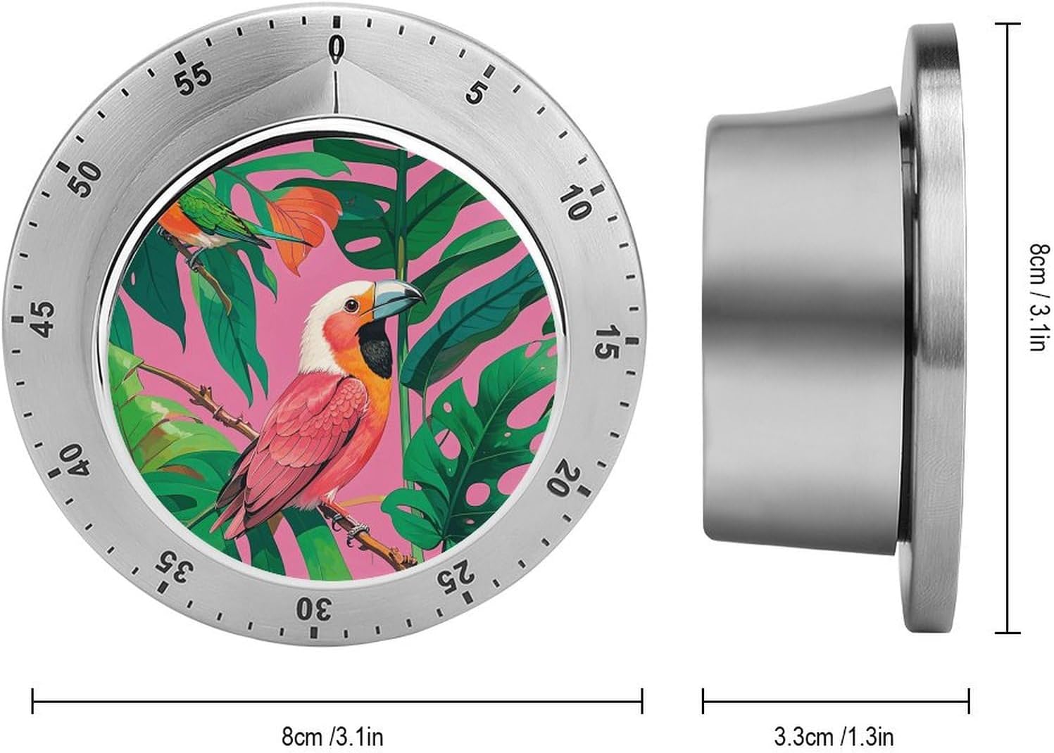 Tropical Birds Plant Leaf Timer Stainless Steel Kitchen Timers Waterproof & Rust-Proof 60 Minute Mechanical Timer with Loud Alarm for Cooking, Baking, Fitness