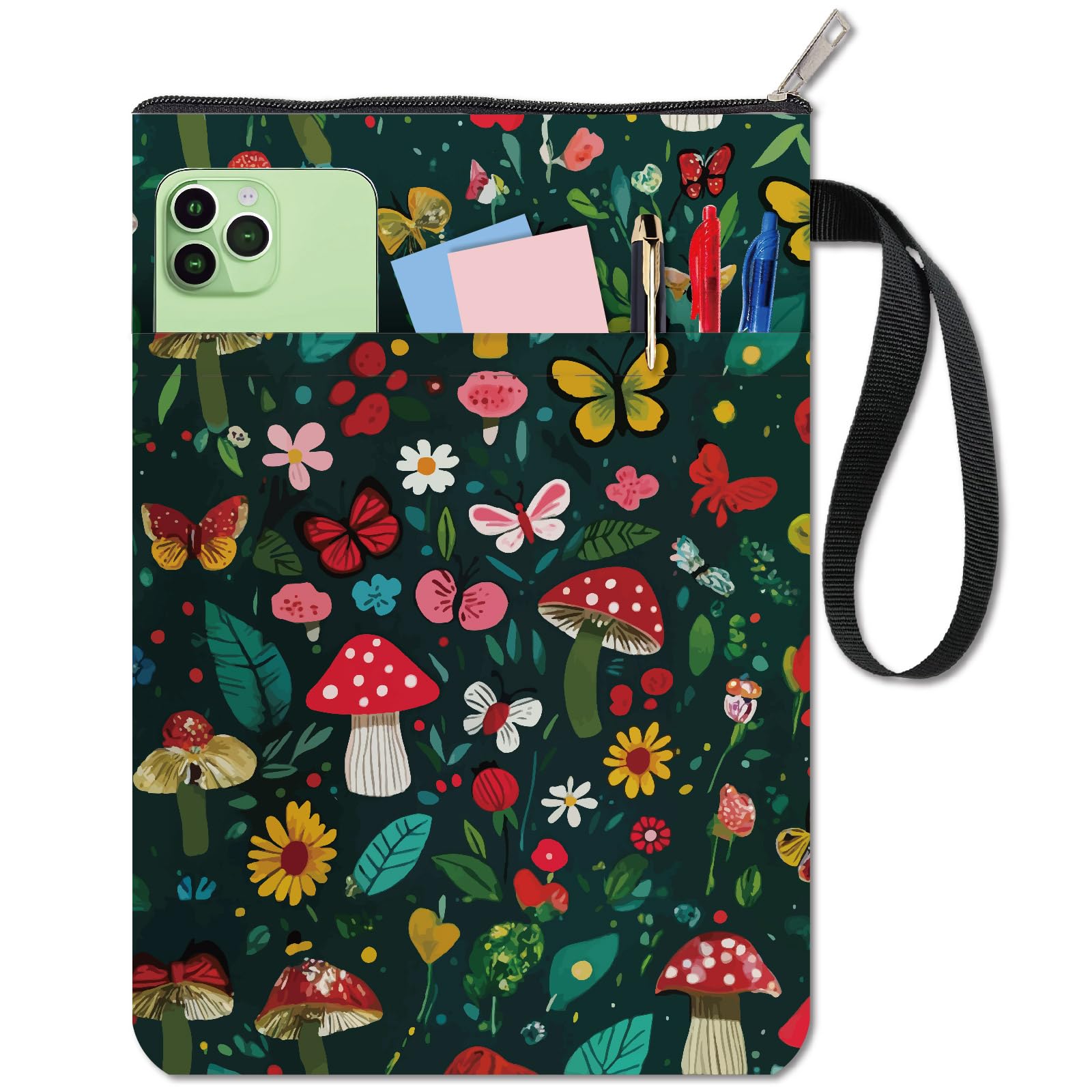 CRASPIRE Mushroom Book Covers Flower Book Protector Green Book Sleeve for Paperbacks Washable Fabric Cloth Book Cover with Zipper and Extra Sleeve Pocket for Book Lovers Classmate Gifts
