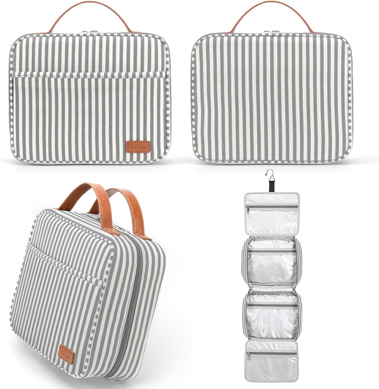 Bosidu Hanging Travel Toiletry Bag,Large Capacity Cosmetic Toiletry Travel Organiser for Women/Men with 4 Compartments & 1 Sturdy Hook,Perfect for Travel/Daily Use (Grey & White Striped)