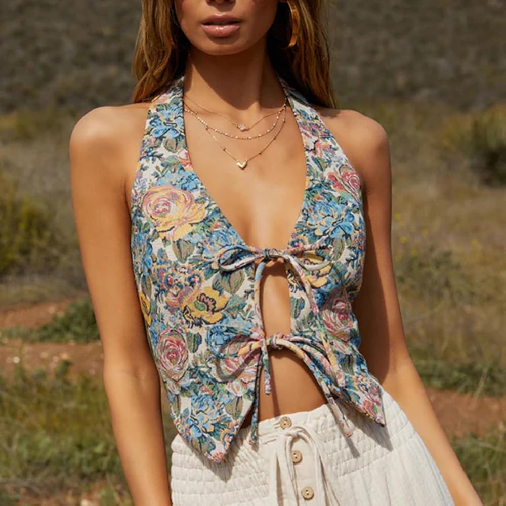 Women Tie Front Vest Tops Y2k Sleeveless Flower Print Halter