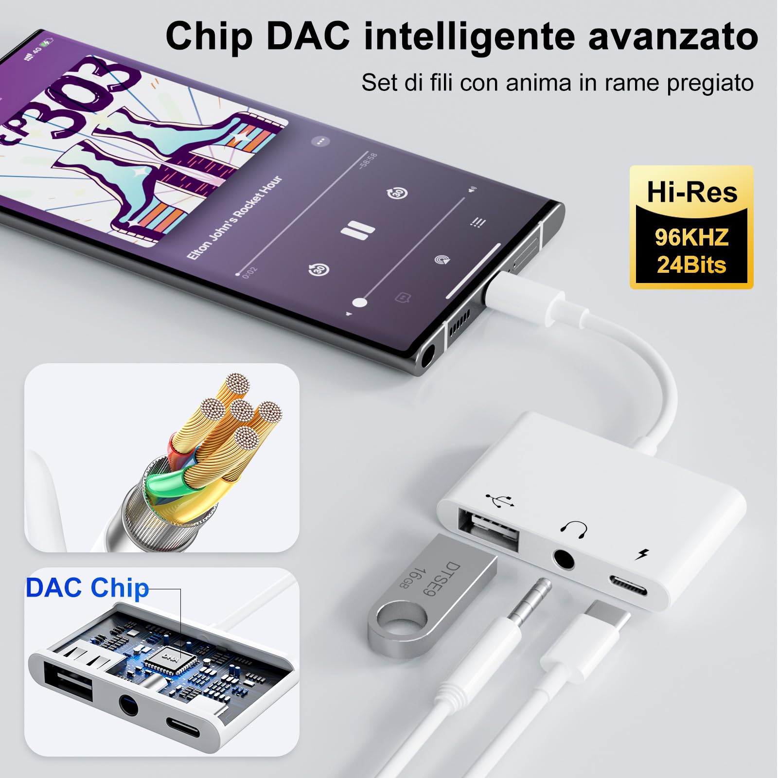 Adattatore USB C Jack 3.5 mm 60W OTG Splitter Audio Tipo C a Aux per iPhone 17/16/15 Samsung Galaxy S25 Ultra A56 S24 S23 iPad Pro Air Pixel