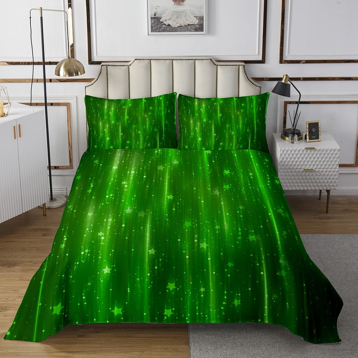 Erosebridal Green Ombre Queen Quilt Set Gradient Coverlet Set for Kids Boys Girls, Sparkling Stars Bedding Set Aesthetic Glowing Bedspread Set, Modern Abstract Neon Bed Quilt