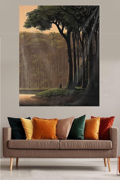 Pelangi Ormanda Oturan İnsan Leke Tutmaz Kadife Dokulu Kumaş Duvar Örtüsü Duvar Halısı Tapestry, Kahverengi 70 x 100, 85941897010026