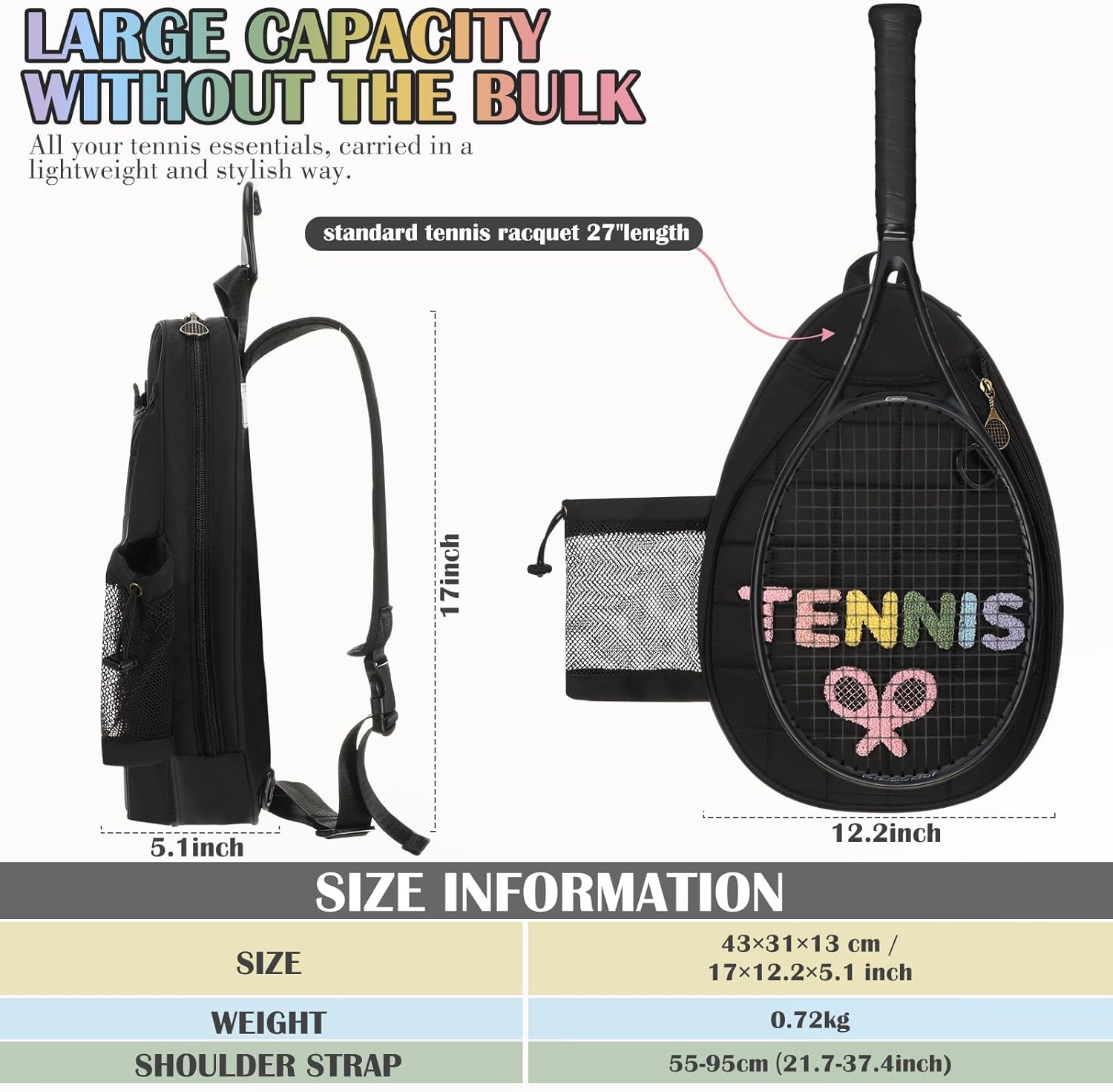 Simgoing Tennis Racket Bag for Women & Girls, Large Water-Resistant Crossbody Bag, Compatible with Tennis Racket, Badminton Racquets