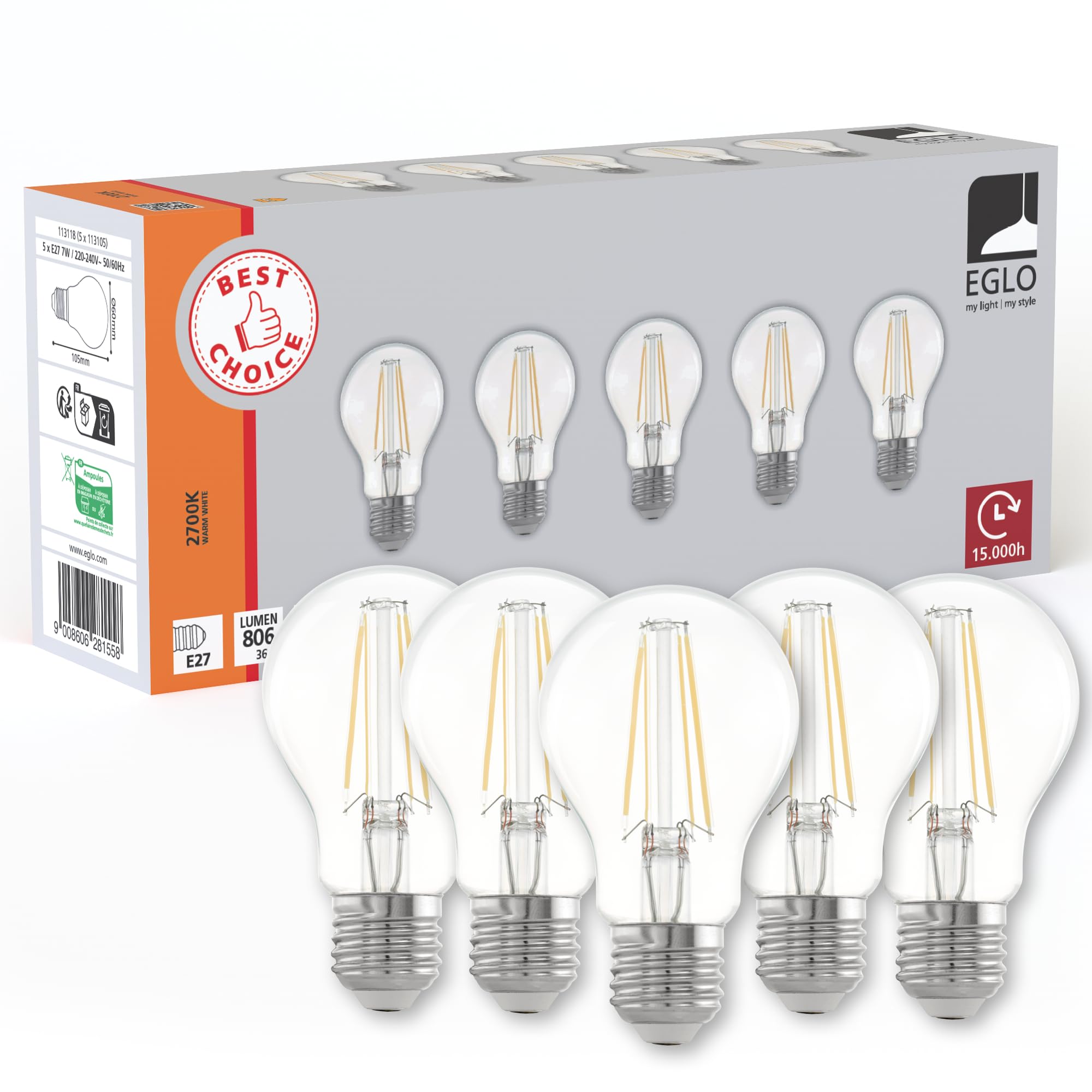 Eglo Set of 5 E27 Filament LED Lamps, Edison Light Bulb Transparent, 7 watt (Equivalent to 60 watt), 806 Lumen, Warm White Lightbulb, 2700 K, Bulb A60, Ø 6 cm