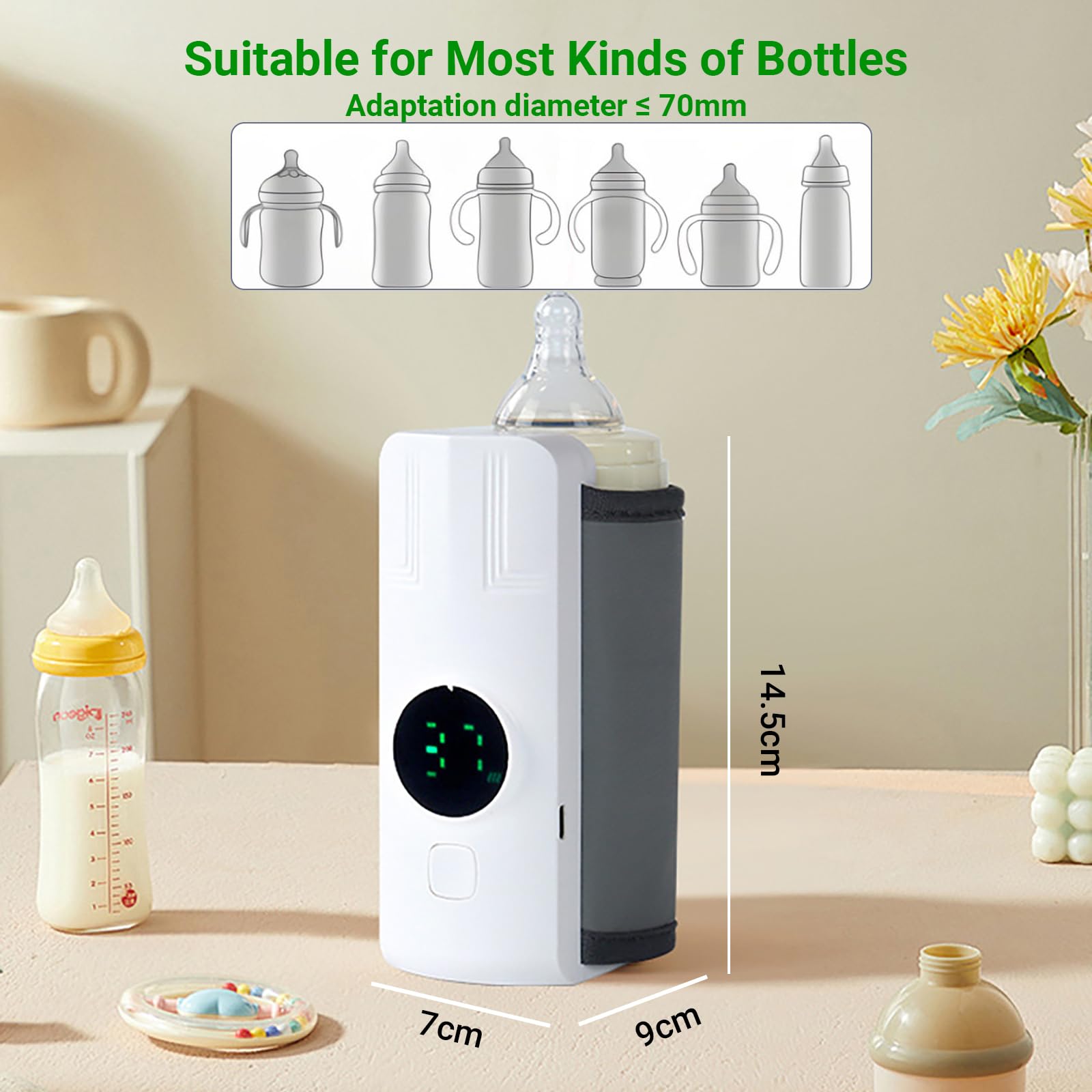 Scaldabiberon Baby – Scaldacollo portatile per biberon, batteria da 6000 mAh, 6 livelli di temperatura, display LCD, riscaldamento rapido senz'acqua per latte materno e pre-alimenti