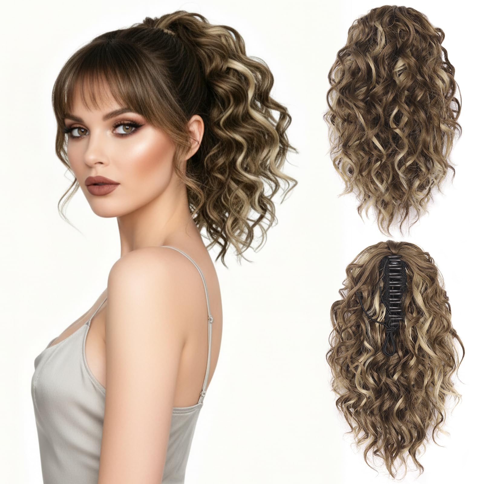 Photo 1 of 12 Inch Ponytail Extension - Soft Curly Pony Tails Hair Extensions, Claw Clip Ponytail Extension, Synthetic Clip in Ponytail Hair Extensions (Color: Ash Brown with Beige Blonde Highlights)