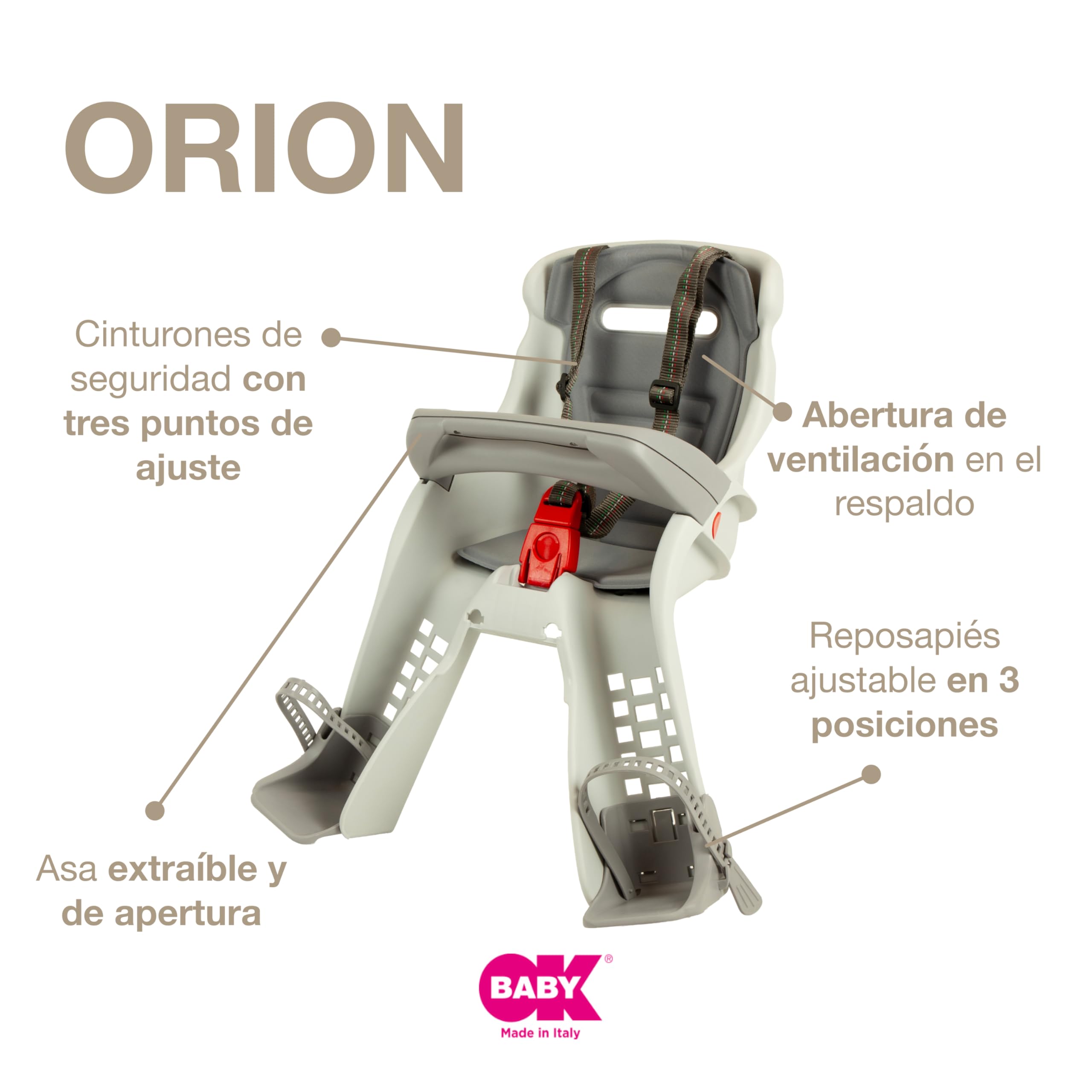 OKBABY Orion - Asiento delantero de bicicleta para niños- Sujeción en la barra de dirección - para bebés de 7/8 meses (15 kg)