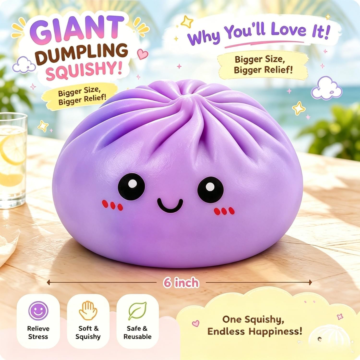 Dumpling Squishy Gigante, 25 CM Jumbo Extra Large Big Dumpling Palla Antistress con Scatola per Cottura a Vapore, Originale mistero carino morbido sensoriale per alleviare l'ansia (lilla, 15 CM)