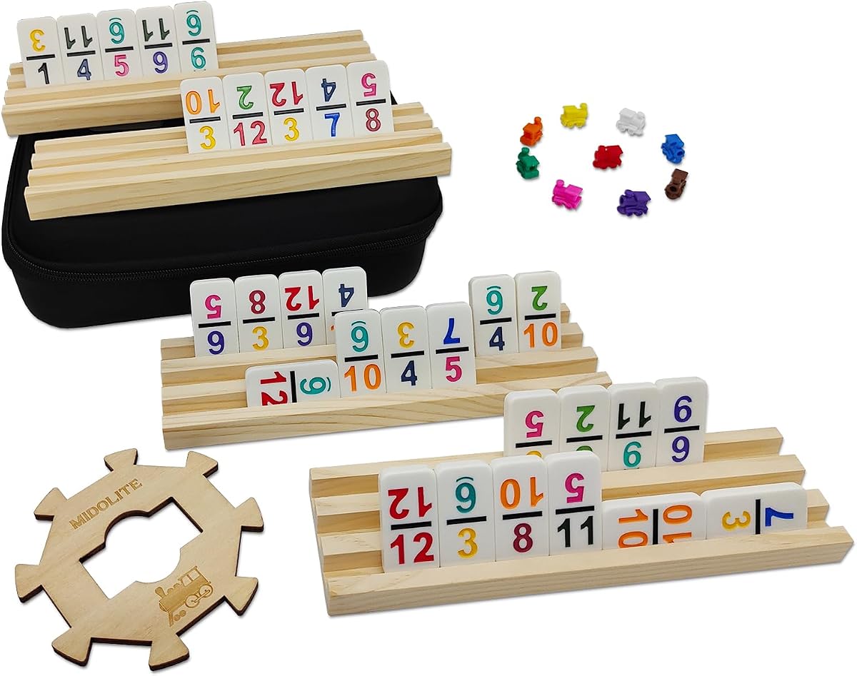 Juego de dominó de tren mexicano con números y 4 estantes de madera, juego de viaje doble de 12 dominó con cubo de madera, juego de fichas de dominó de 91 colores con para noche de juegos familiar