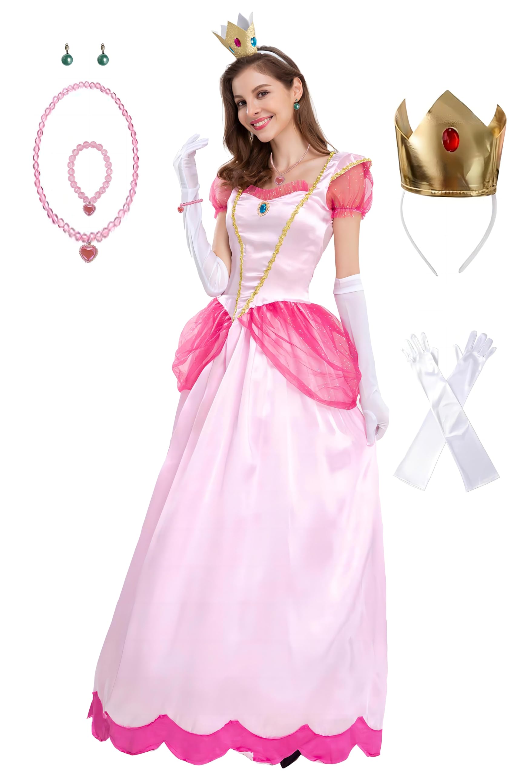 Princess Peach Costume Adult Super Borthers Costume Women With Accessories Pink Medium