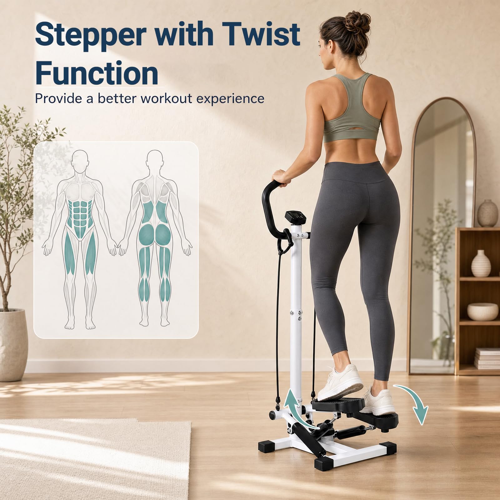 KOMFOTTEU Stepper Fitness con Bande di Resistenza, Step da Scale | Twister con Manubrio e Schermo LCD, Intensità Regolabile, per Esercizio Aerobico, Compatto e Salvaspazio per Casa, Palestra