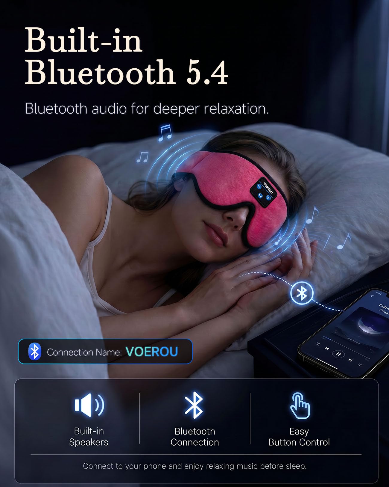 Voerou Cuffie Bluetooth per Dormire, Diadema 3D Regolabile, 12H | Vestibilità traspirante regolabile, 12h batteria, lavabile, ideale per dormire di lato