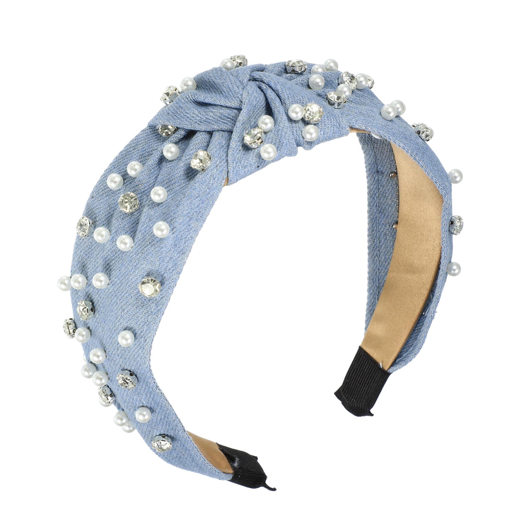 VOCOSTE Pearly Rhinestones Crystal Knotted Women Headband, Classic Casual Style Headband for Women Girl, Light Blue, 5.31"x1.97"