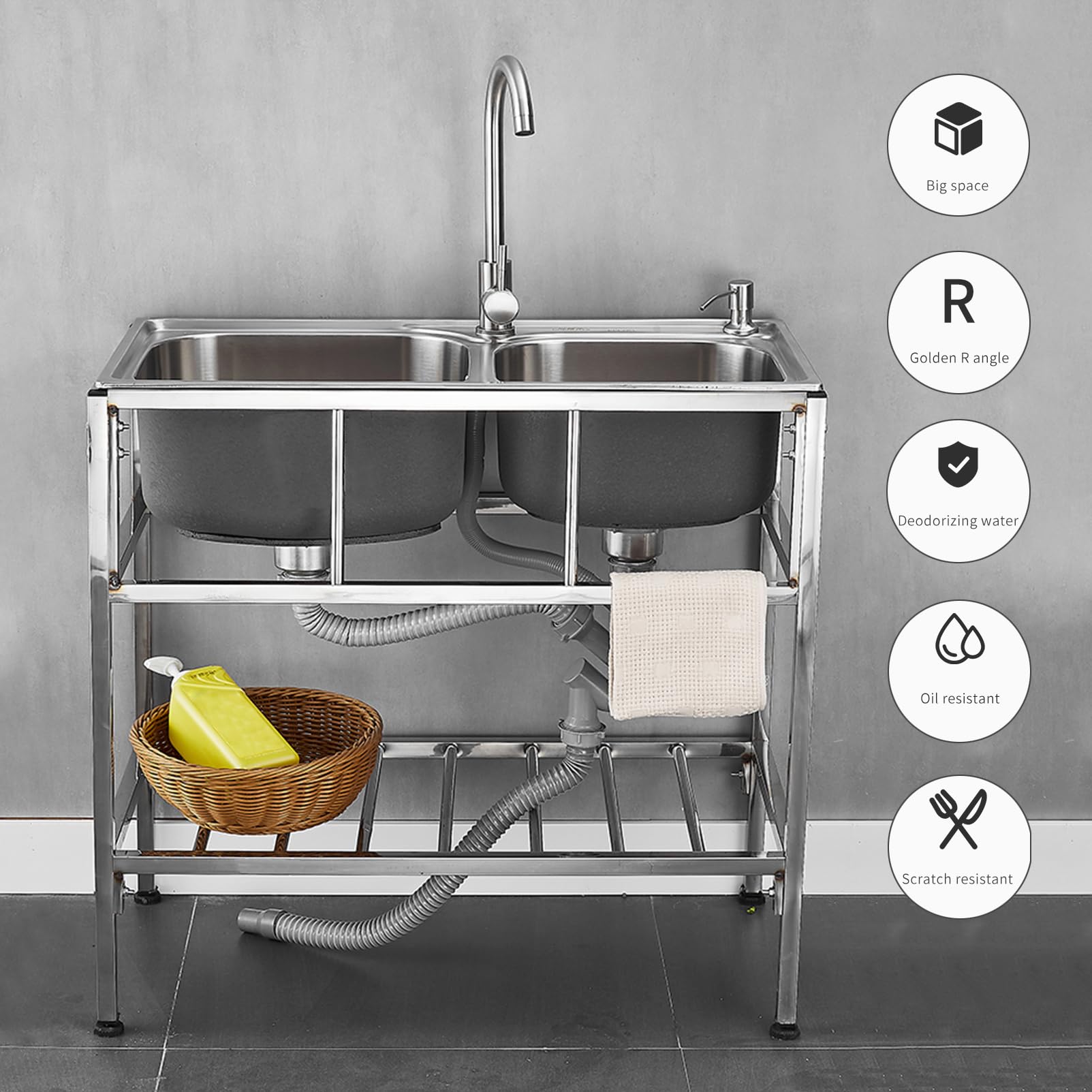 Lavello Commerciale a Doppia Vasca in Acciaio Inox, autoportante, con Rubinetto, Mobile per Esterni, Ideale per ristoranti e lavanderie, dal Design Resistente e Versatile.