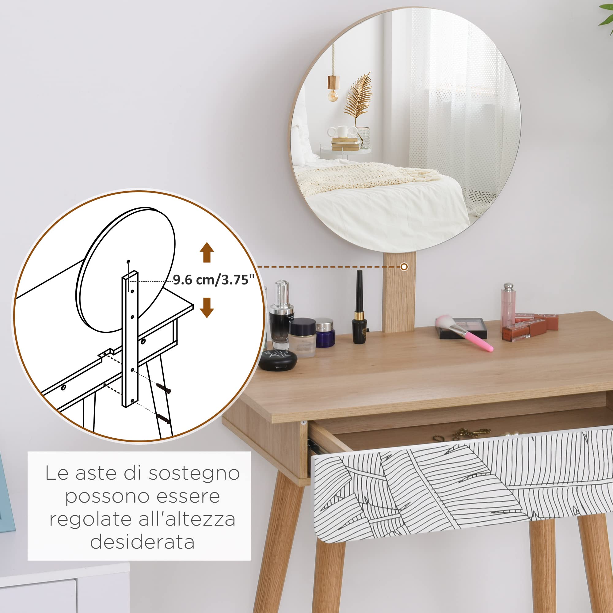 HOMCOM Postazione Trucco con Specchio Circolare Ф39cm, Toeletta Trucco con Cassetto con Decorazione Jungle, 70x39x119-128cm, Bianco e Rovere
