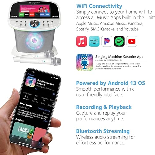 Miniatura 6 de Singing Machine Platinum Plus - Máquina de karaoke Wi-Fi para adultos y niños con 2 micrófonos inalámbricos, altavoz Bluetooth para fiestas, efectos