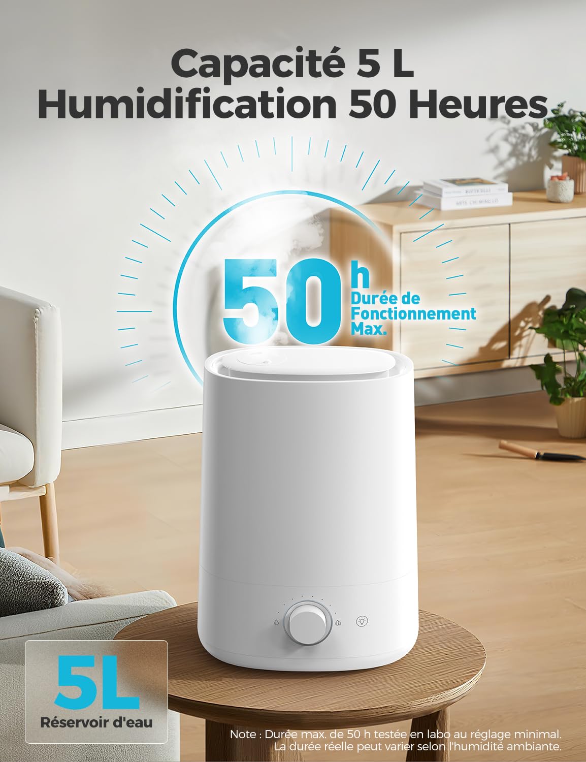 AROEVE Humidificateur d'air 5L à Remplissage par le Dessus,à Brumisateur Ultrasonique avec Diffuseur d'Huile Essentielle, Buse 360°, Veilleuse 28dB, Autonomie 50H, pour Chambre de Bébé, Plantes