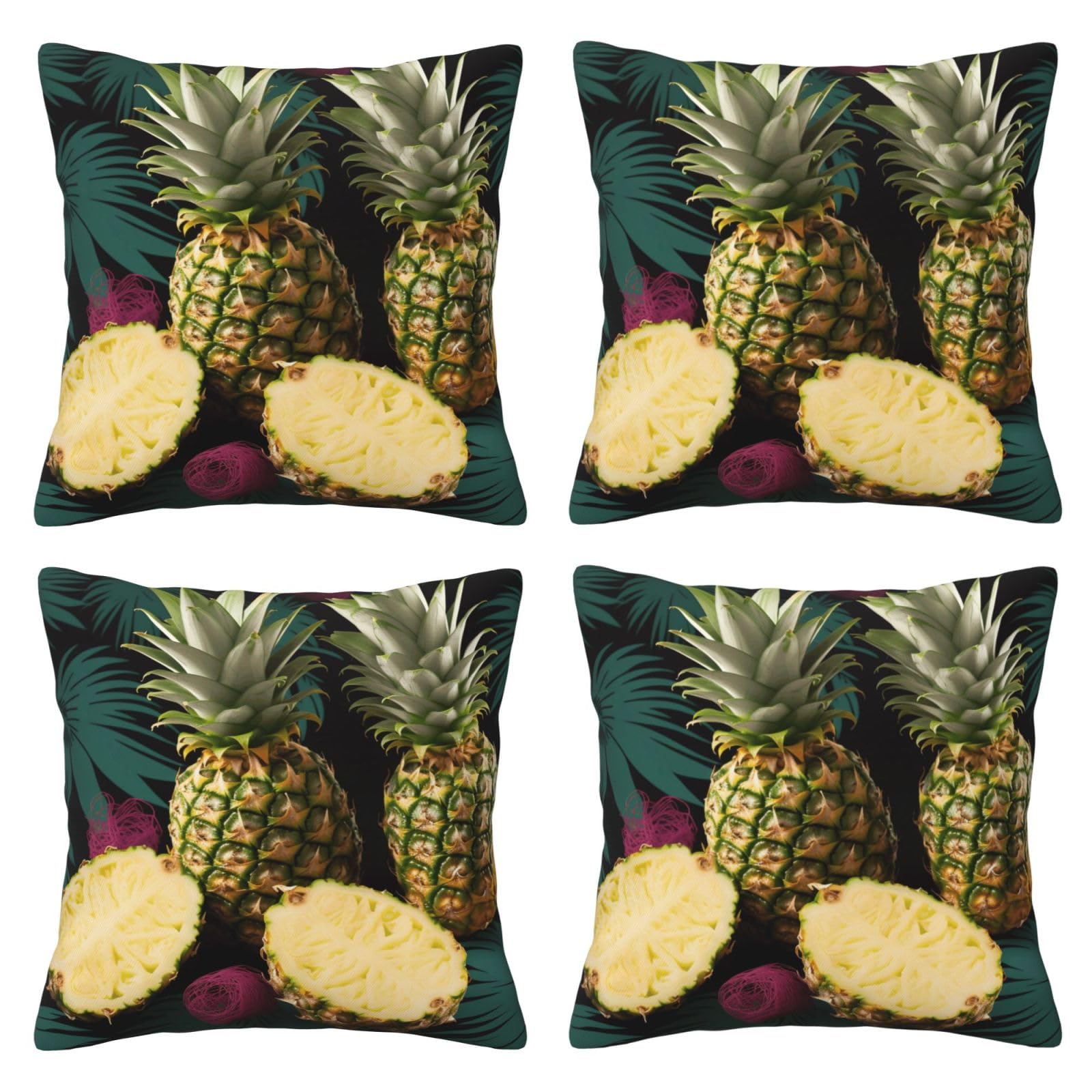 Tropical Pineapple Throw Pillow Cases 4 Pack Square Pillowcases Super Soft Pillow Protectors With Zipper for Couch Livingroom Sofa Bed Office Car,50x50 CM
