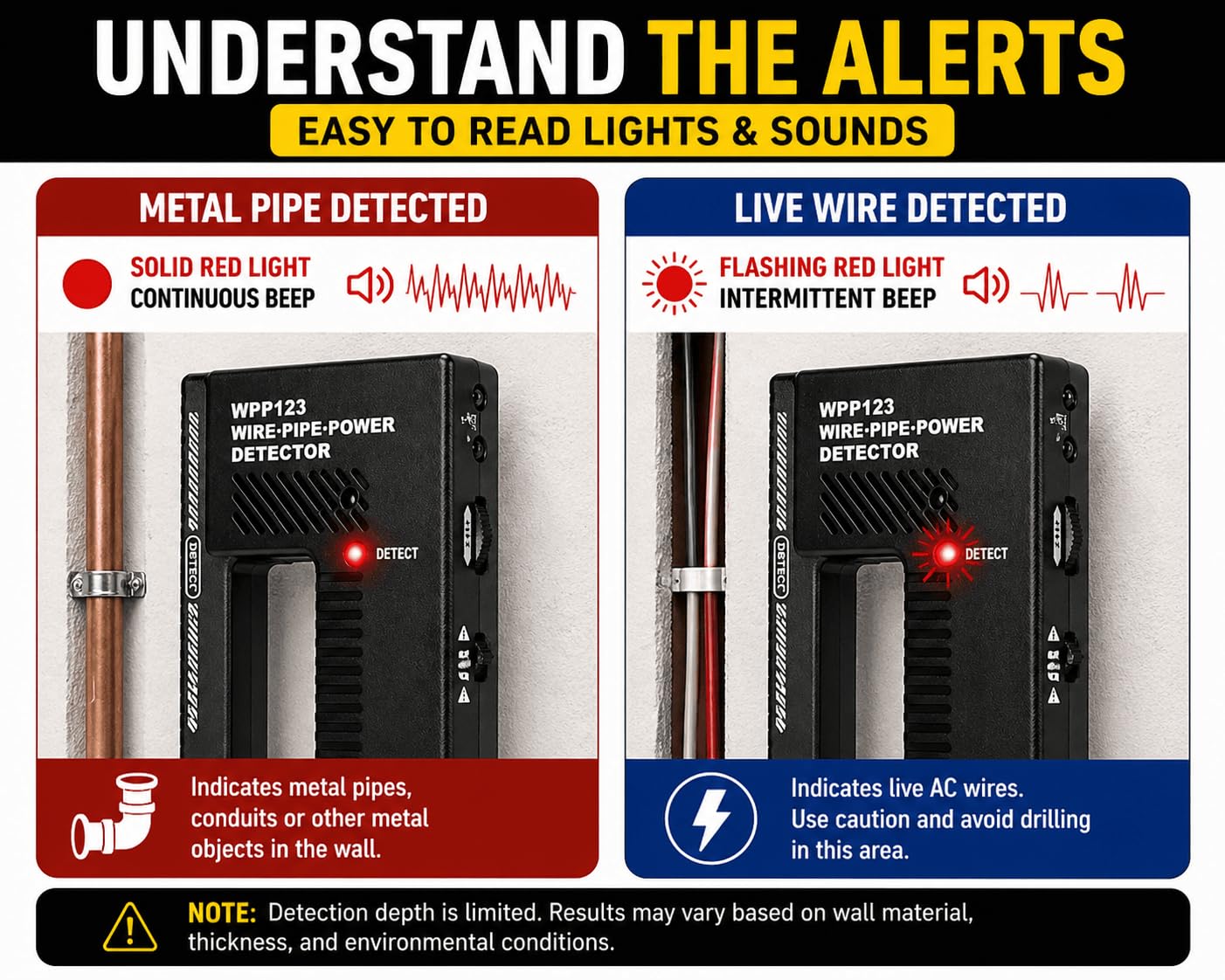 Escáner de pared y detector de metales, buscador de pernos de alta sensibilidad con alerta ajustable, detecta tuberías, cables y tachuelas, herramienta multifunción profesional y bricolaje, plástico