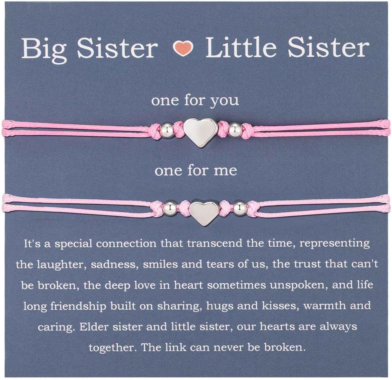AnotherKissSisters Gifts, Big Sister Little Sister Bracelets for 2, Best Friend Friendship Gifts, Heart Matching Bracelets for Women Girls, Sister Birthday Christmas Gift Ideas