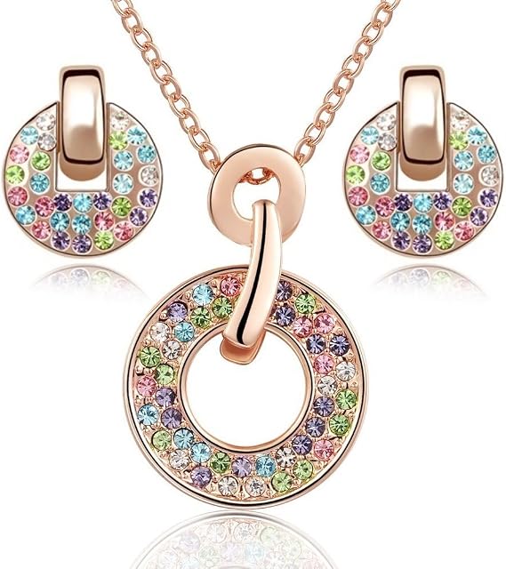 Crystalline Azuria Jewellery Colorful Crystal Necklace and Earrings Set Costume Jewellery for Women Wedding Party Bridal and Bridesmaid Accessories 18ct Rose Gold Plated