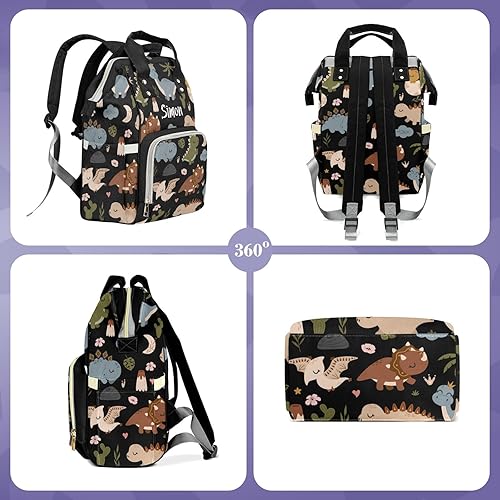 Miniatura 4 de Lindo dinosaurio tropical gran capacidad personalizado bolsa de pañales para bebé niño niña nombre personalizado bolsa de pañales mochila, Negro 02,