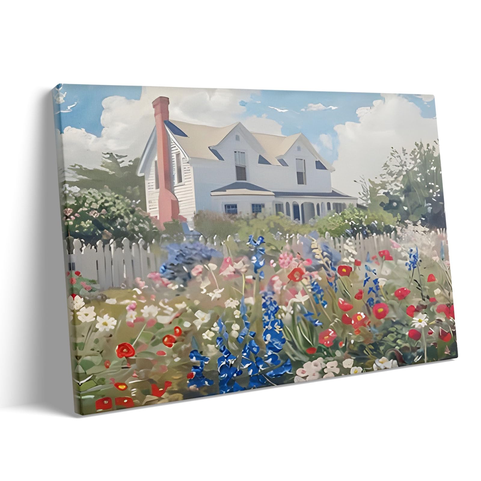 Memorial Day Canvas Wall Art, Vintage Patriotic Cottage Print, Wildflower Garden and Farmhouse Landscape Poster Framed Art, Summer Independence Day Decor for Entryway or Living Room 16x20inch