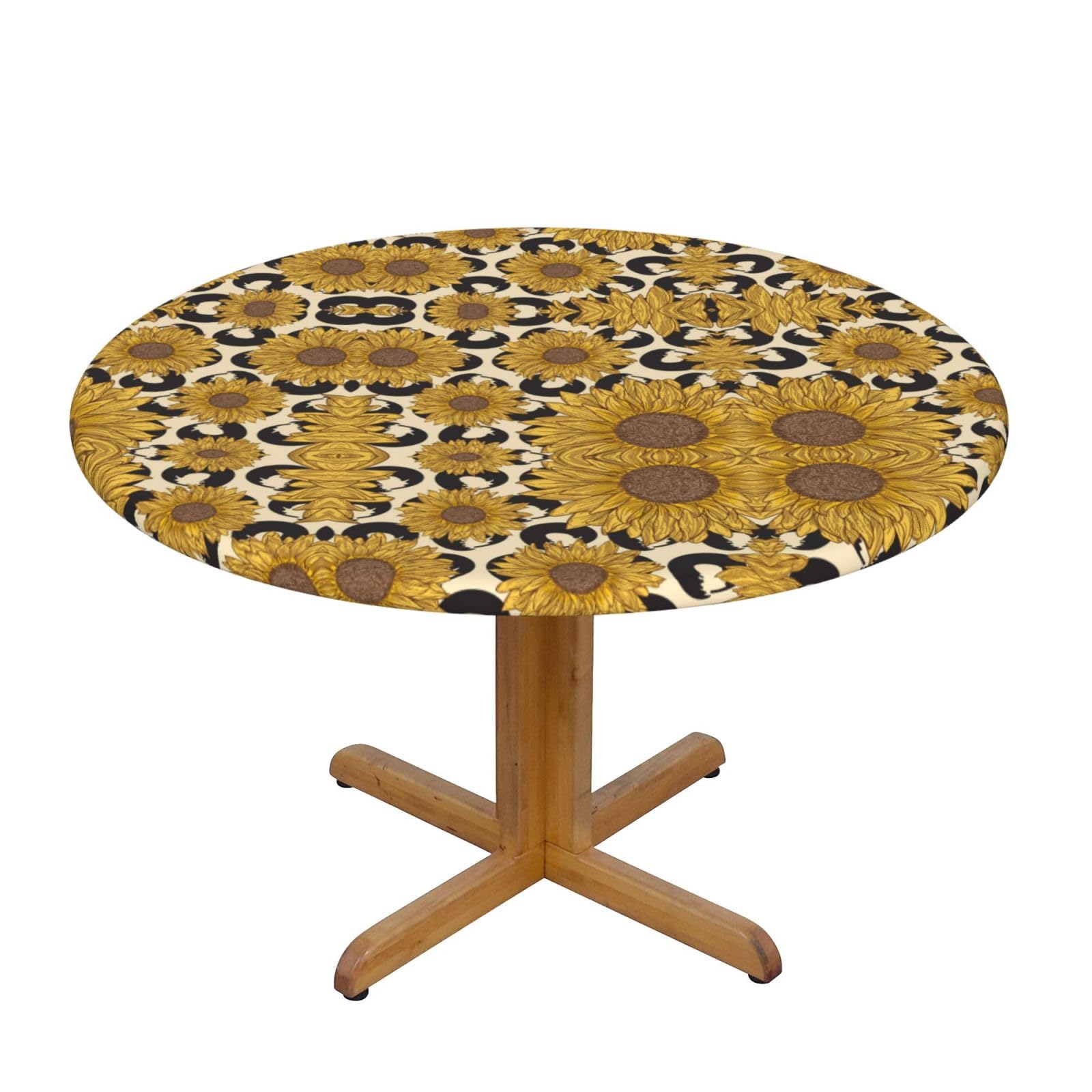 ESNAIUVCD Sunflower print Waterproof Round Tablecloth,Outdoor Table Cloth with Elastic Edged, Elastic Tablecloth Wipeable, Garden Table Cloth Suitable for sizes 90cm-140cm