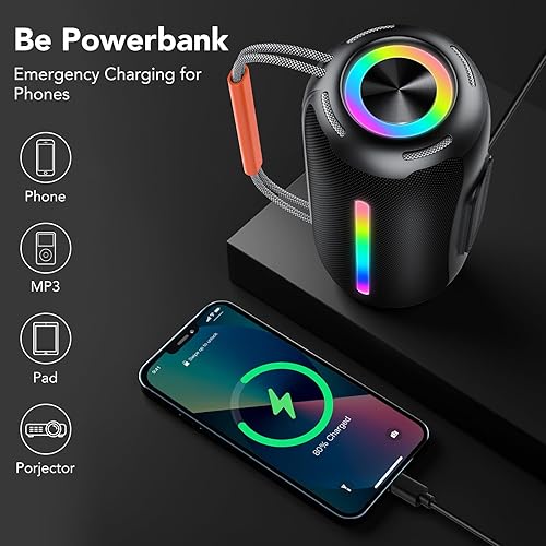 Miniatura 6 de aowoka Altavoces portátiles con luz de respiración LED, IPX7 impermeable, altavoces exteriores (negro)