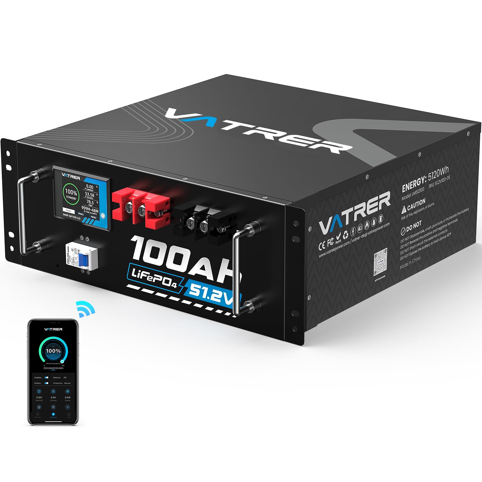 VATRER POWER 51.2V100AH Batteria Litio LiFePO4 con 100A BMS, Display Intelligente Tattile & APP Bluetooth, Max. 4800W, 5000+ Cicli Perfetto per Sistemi Solari Applicazioni Indipendenti dalla Rete