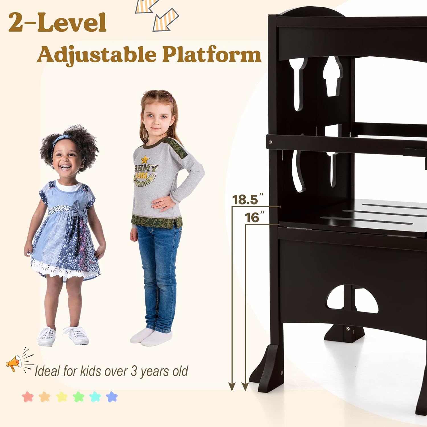 Costzon Toddler Tower, Foldable Kids Kitchen Step Stool w/Safety Rail, Height Adjustable Wood Standing Tower for Toddlers, Montessori Child Tower for Bathroom, Kitchen Counter