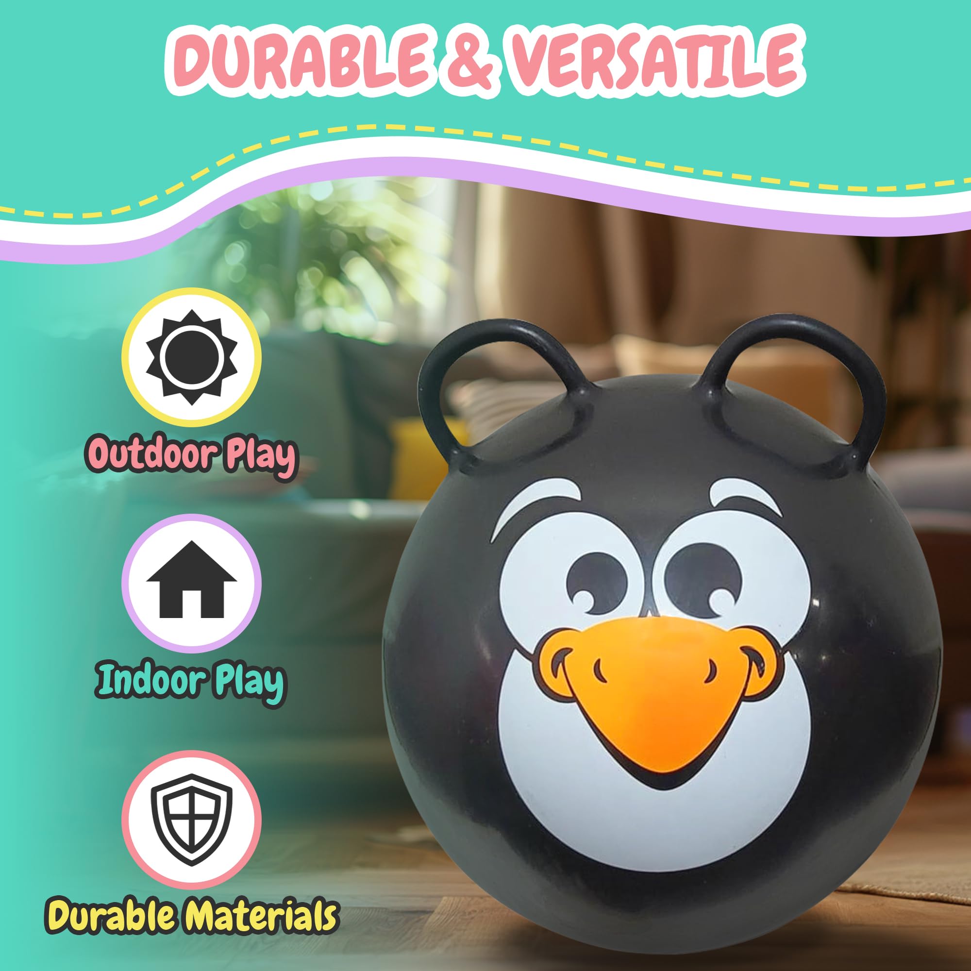 Forest & Twelfth Kids 20” Hopper Ball with 2 Handles Inflatable Hopping Ball for Bouncing Fun – Multi-Function Jump Ball for Kids Ages 3+ (Black Penguin)