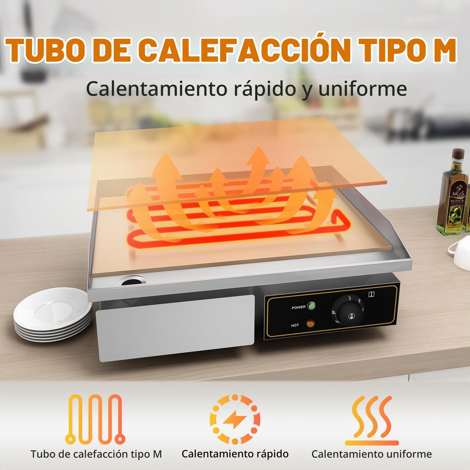 Plancha Eléctrica Pro Plancha de Hierro Fundido,220-240V 3000W 55cm × 35.5cm Control termostático de 50 a 300 °C,18.5kg antisalpicadura,Acero Inoxidable