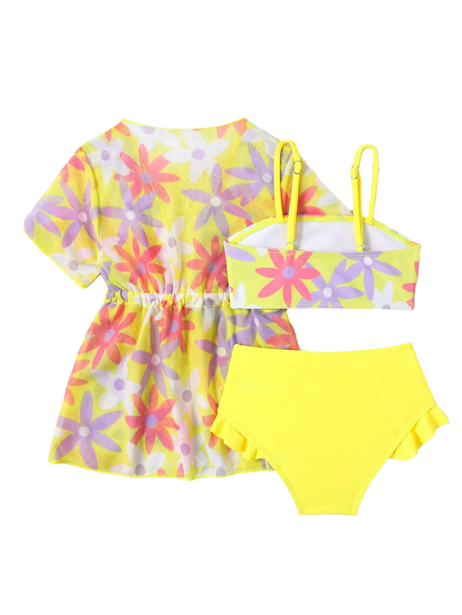 Eandarui Baby Girls 3Pcs Flower Print Spaghetti Straps Swim Tops and Bottom with Cover Up Beach Dress Yellow 12-18 Months