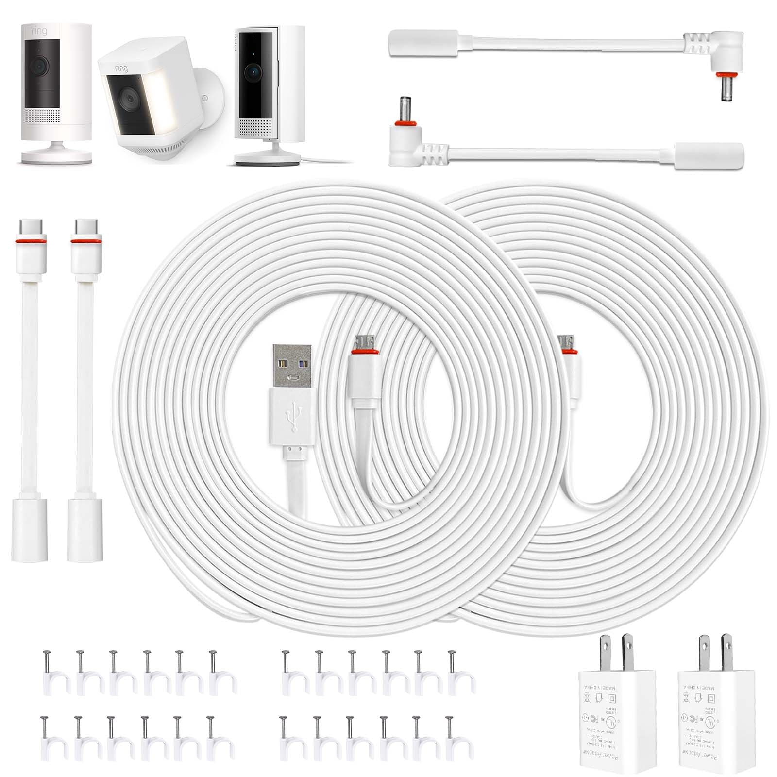 LFFW 26FT Power Cord with Adapter for Ring Spotlight Cam Plus/Pro (Battery), Ring Outdoor Cam Plus/Pro (Stick Up) Battery, Weatherproof Extension Charging Cable for Outdoor & Indoor Camera, 2 Pack