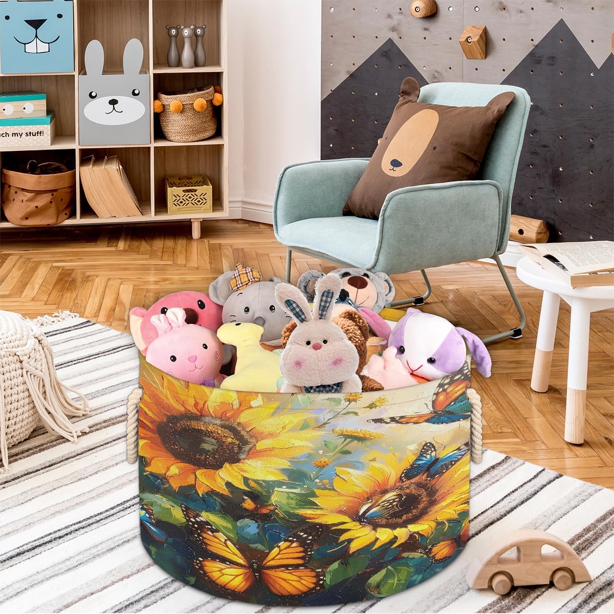 Large Round Laundry Basket Animal Flower Yellow Toy Bins Organizers and Storage for Girls Canvas Collapsible Blanket Storage Basket Laundry Hamper Gift Baskets Bedroom Clothes Children Nursery