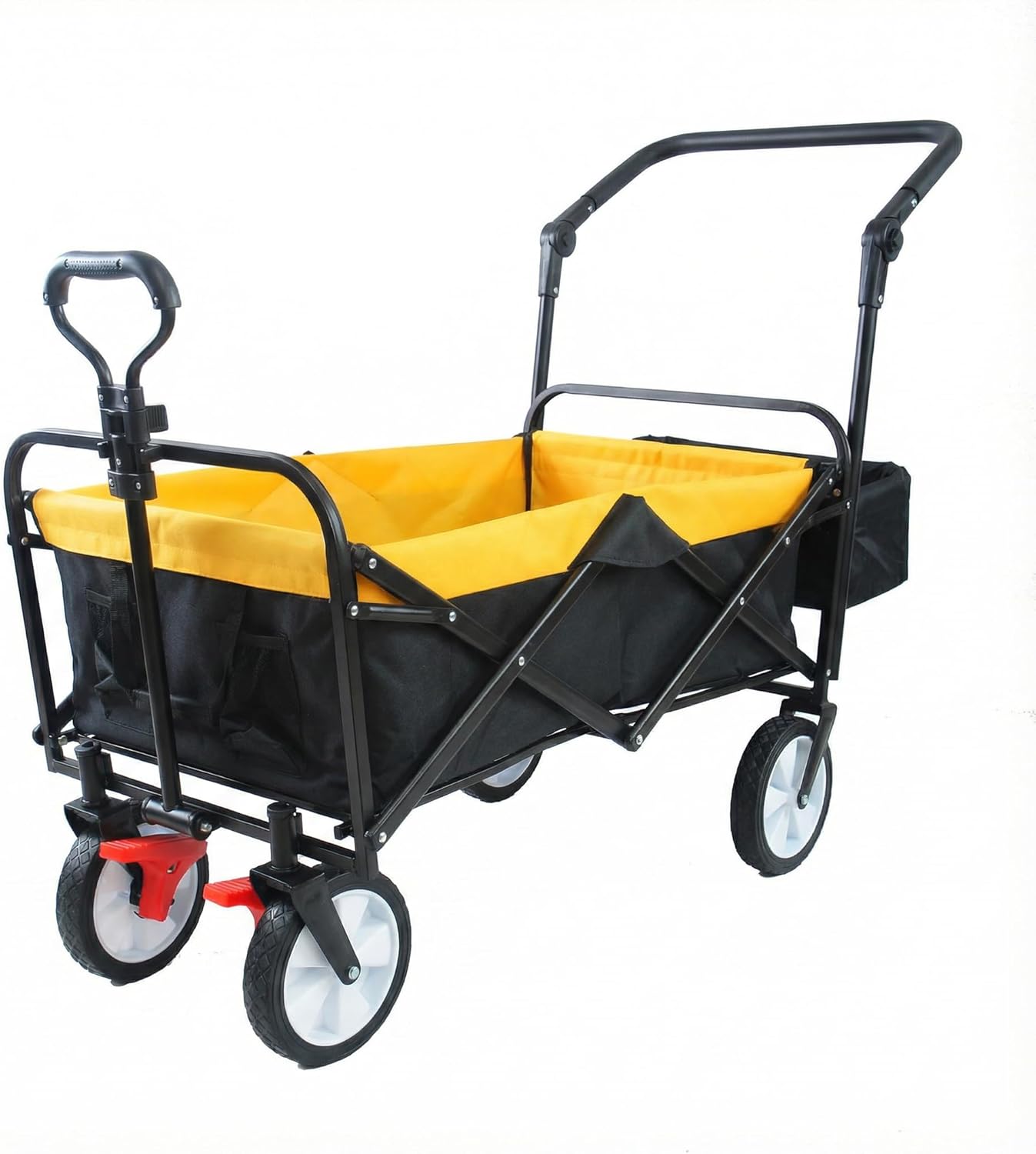 Collapsible Folding Wagon Cart, Heavy Duty Outdoor Utility Grocery Trolley with Adjustable Handle & Drink Holders, Portable Rolling Transport for Beach Park Camping, Blue